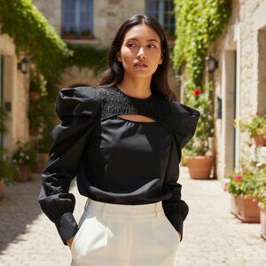 Tuckernuck Hyacinth House Beckett Blouse Black Keyhole S NWT Puff Sleeve